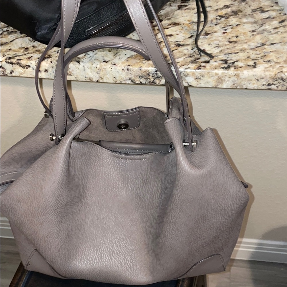 Gray Textured Leather Shoulder Bag with Metal Accents